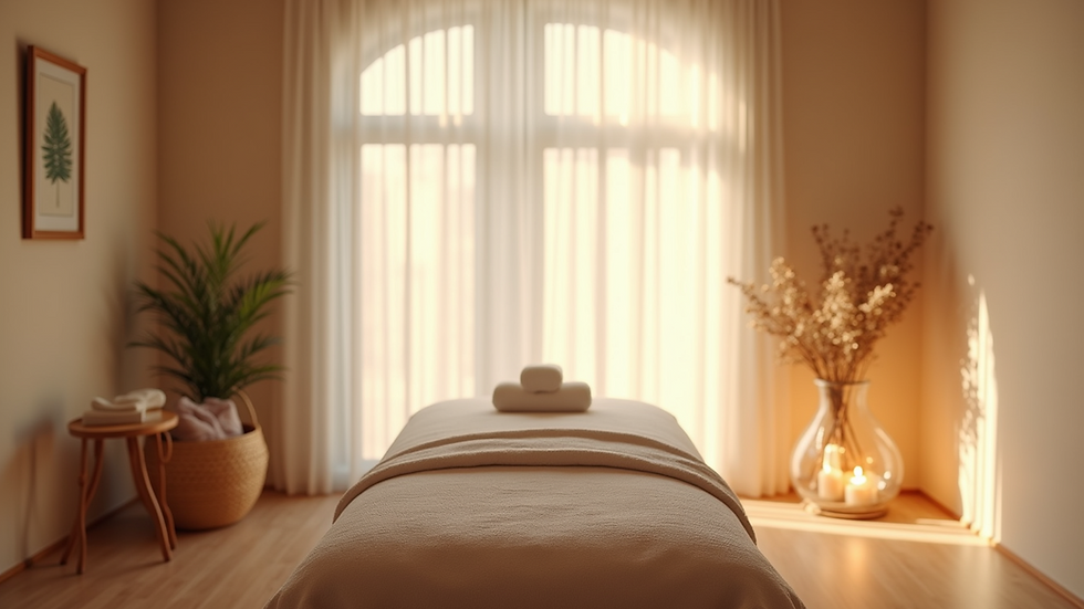 Eye-level view of a tranquil massage room with soft lighting and calming decor