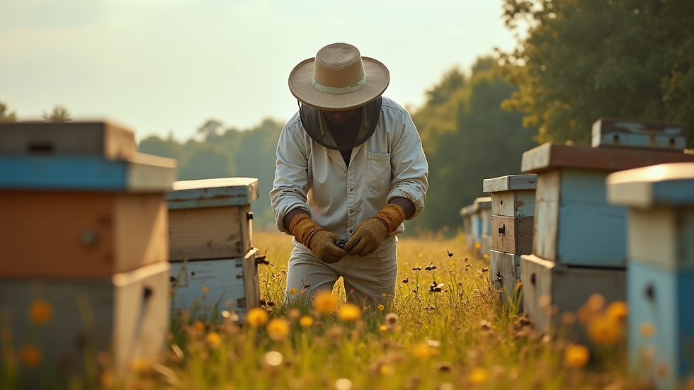 Eye-level view of a local beekeeper tending to hives
