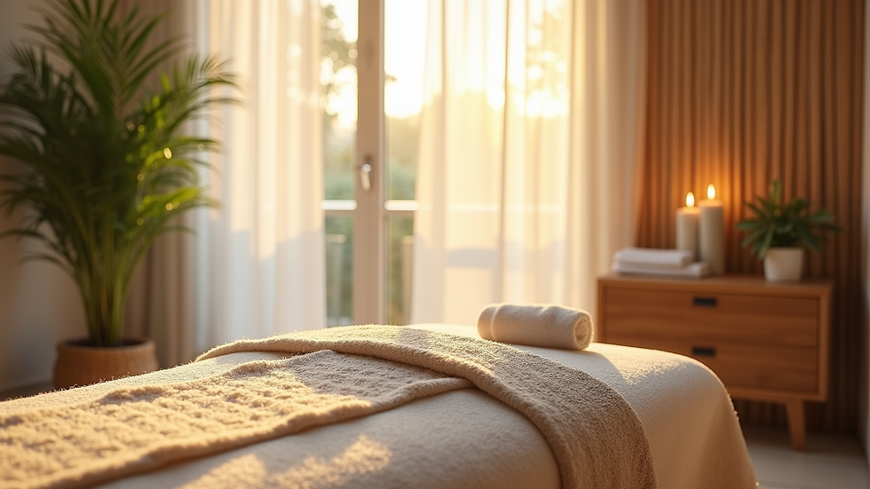 High angle view of a peaceful massage room with soft lighting and plants
