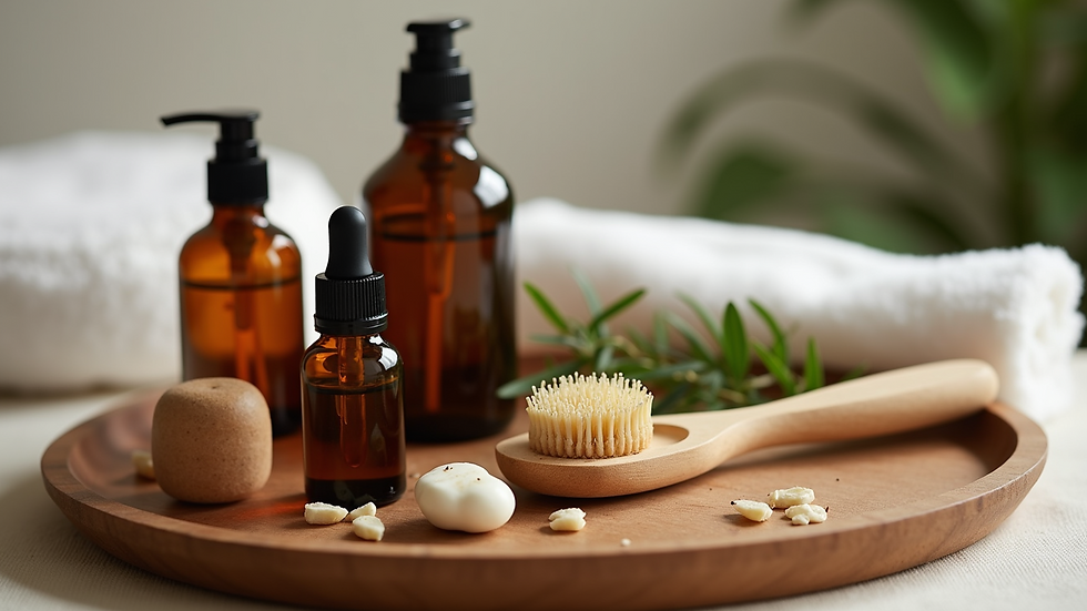 Close-up view of essential oils and massage tools arranged on a wooden tray