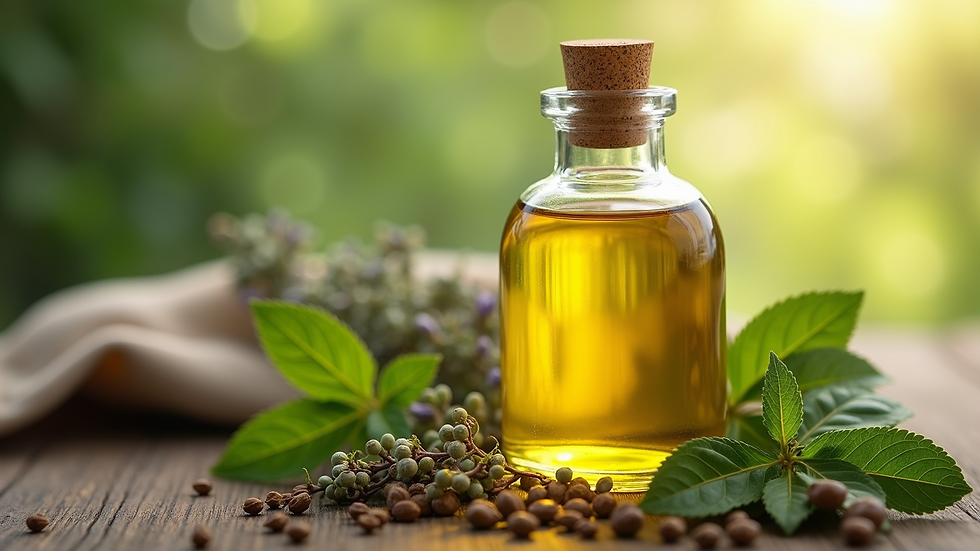 Close-up view of a bottle of massage oil surrounded by herbs