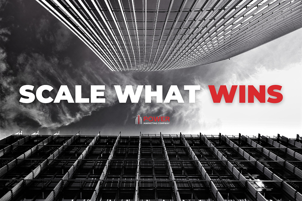 Skyscrapers stretch upward against dramatic clouds. Bold text reads "SCALE WHAT WINS" with "WINS" in red. Logo of Power Marketing Company.