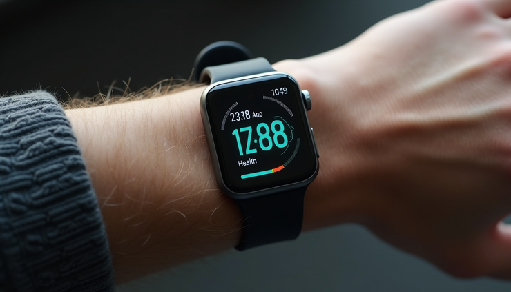 Eye-level view of a smartwatch displaying health data on a wrist
