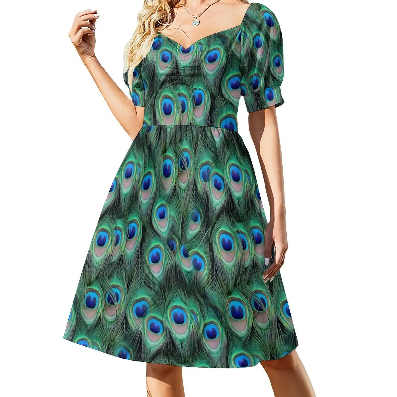 Modest Summer Dress with Peacock Feathers