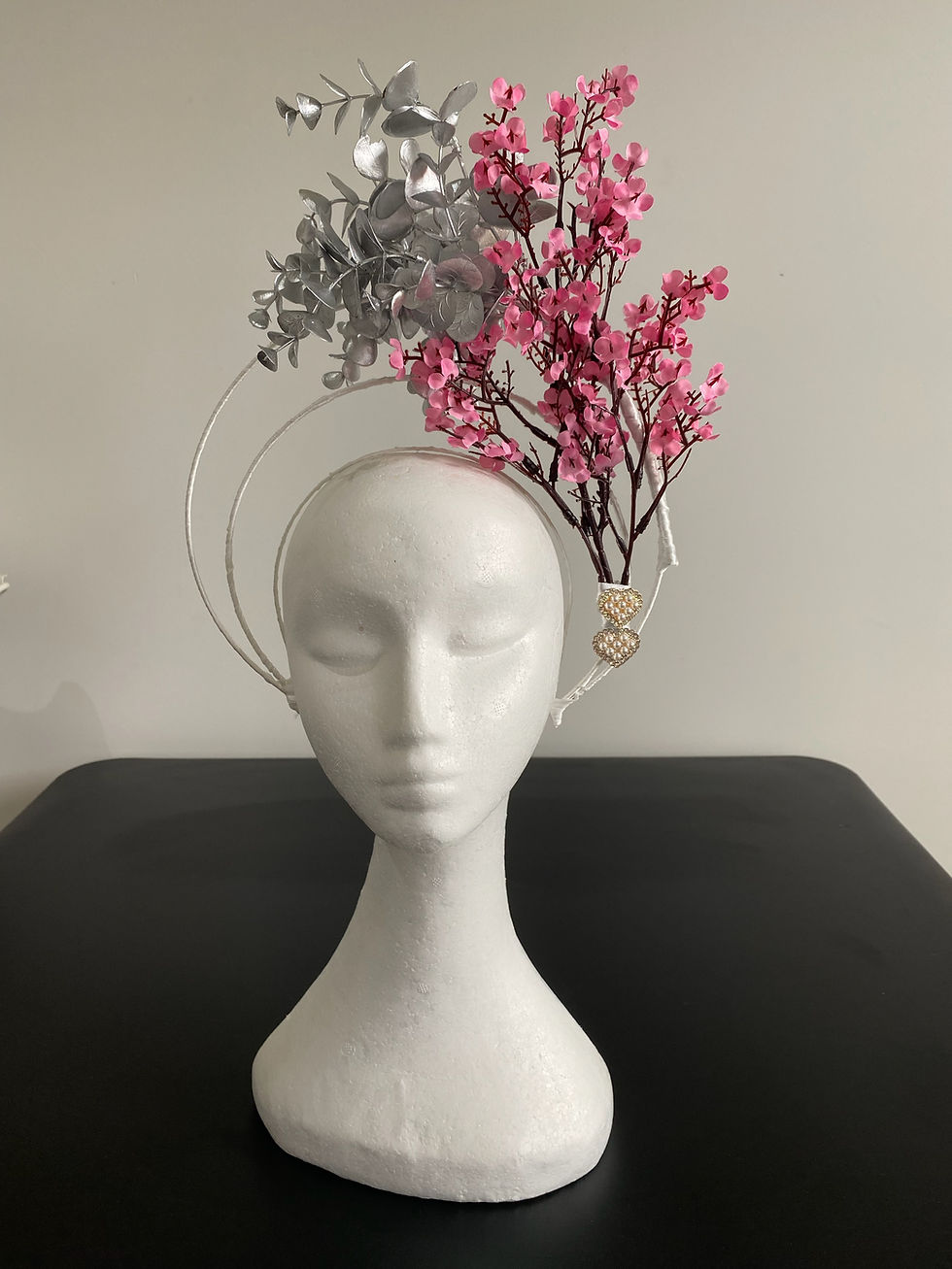 Thumbnail: F0005 White Silver Pink Triple Halo Flower Fascinator SOLD