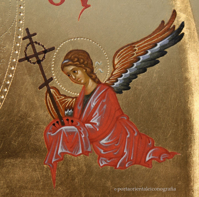 Icona della Vergine del Perpetuo Soccorso Madre di Dio della Passione particolare Angelo di destra con simboli della passione