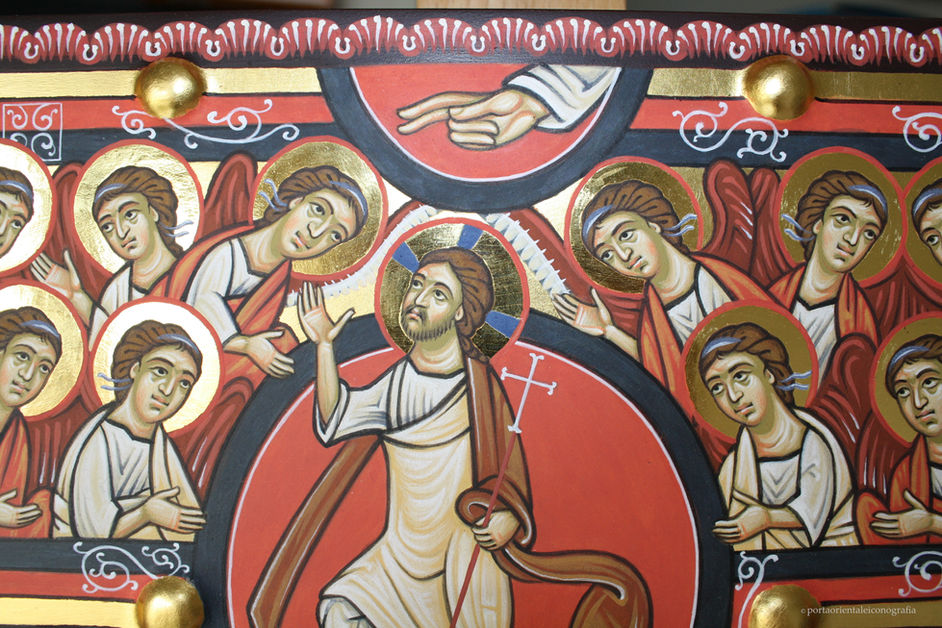 Icona Croce dipinta San Damiano Cristo triumphans particolare tabella superiore Ascensione