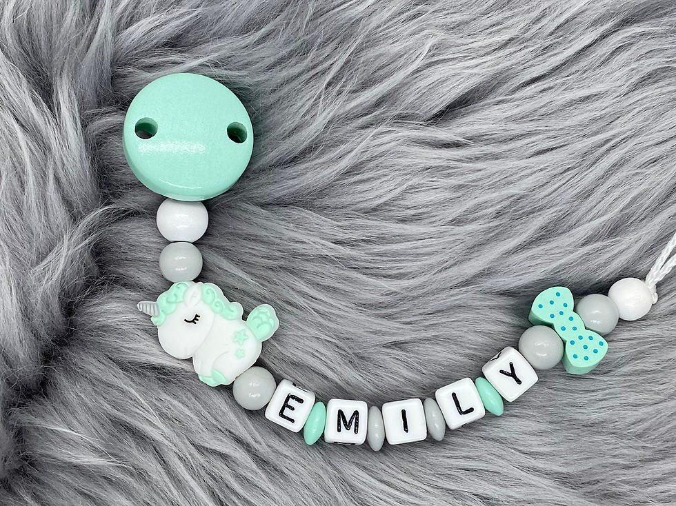 Schnullerkette Emily "Einhorn" mit deinem Wunschnamen