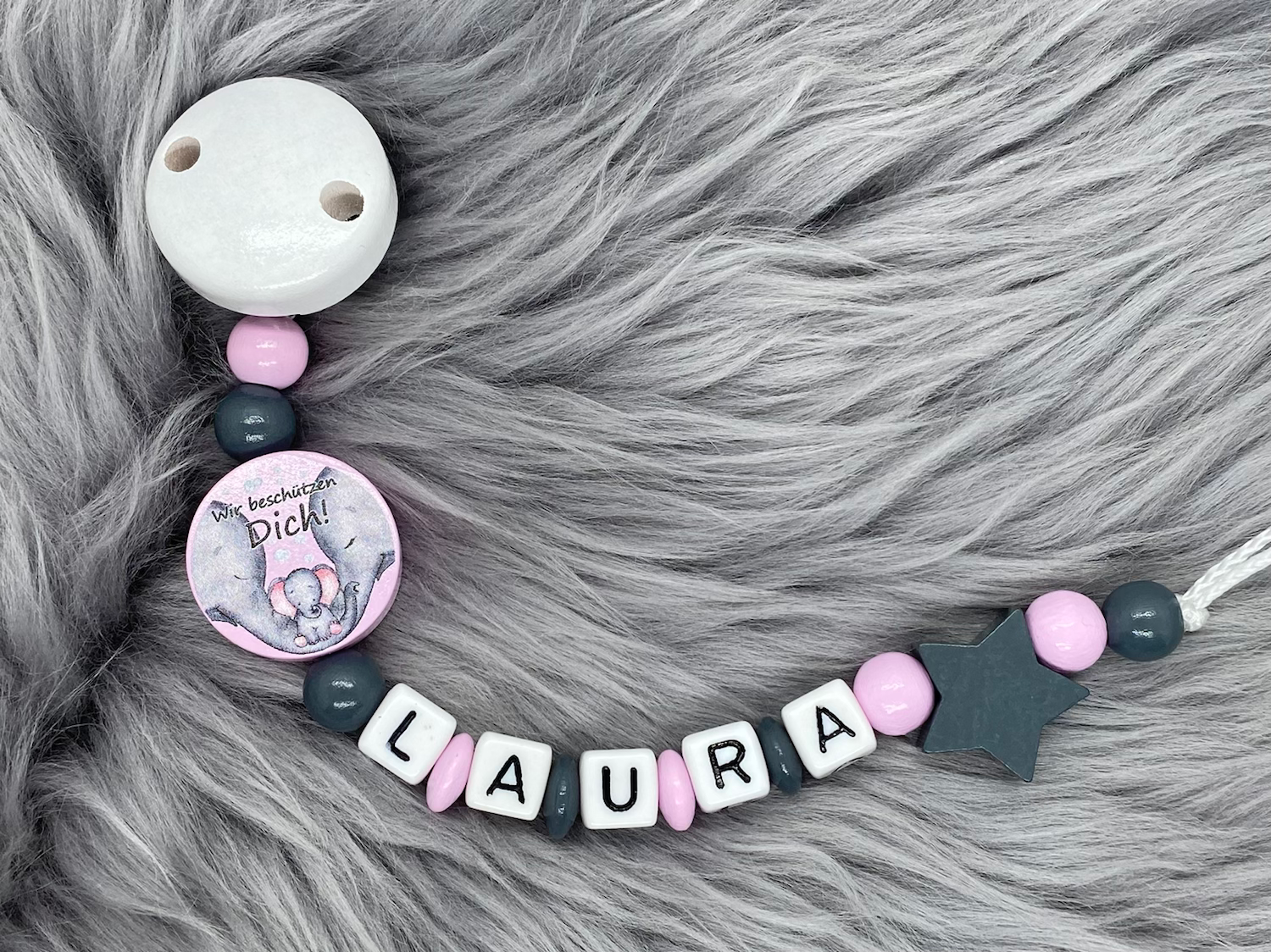 Schnullerkette Laura "Wir beschützen Dich" mit deinem Wunschnamen