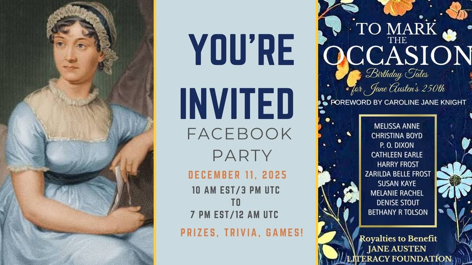 Vintage portrait of a woman; "You're Invited" text with Facebook party details for Jane Austen's 250th. Blue floral design on the right.