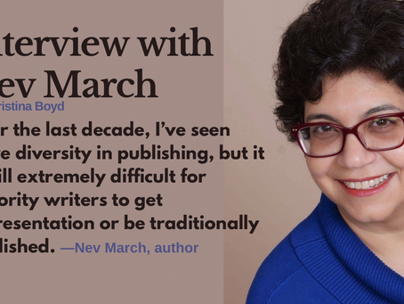 Woman in blue sweater smiling next to text about diversity challenges in publishing. Background is light brown.