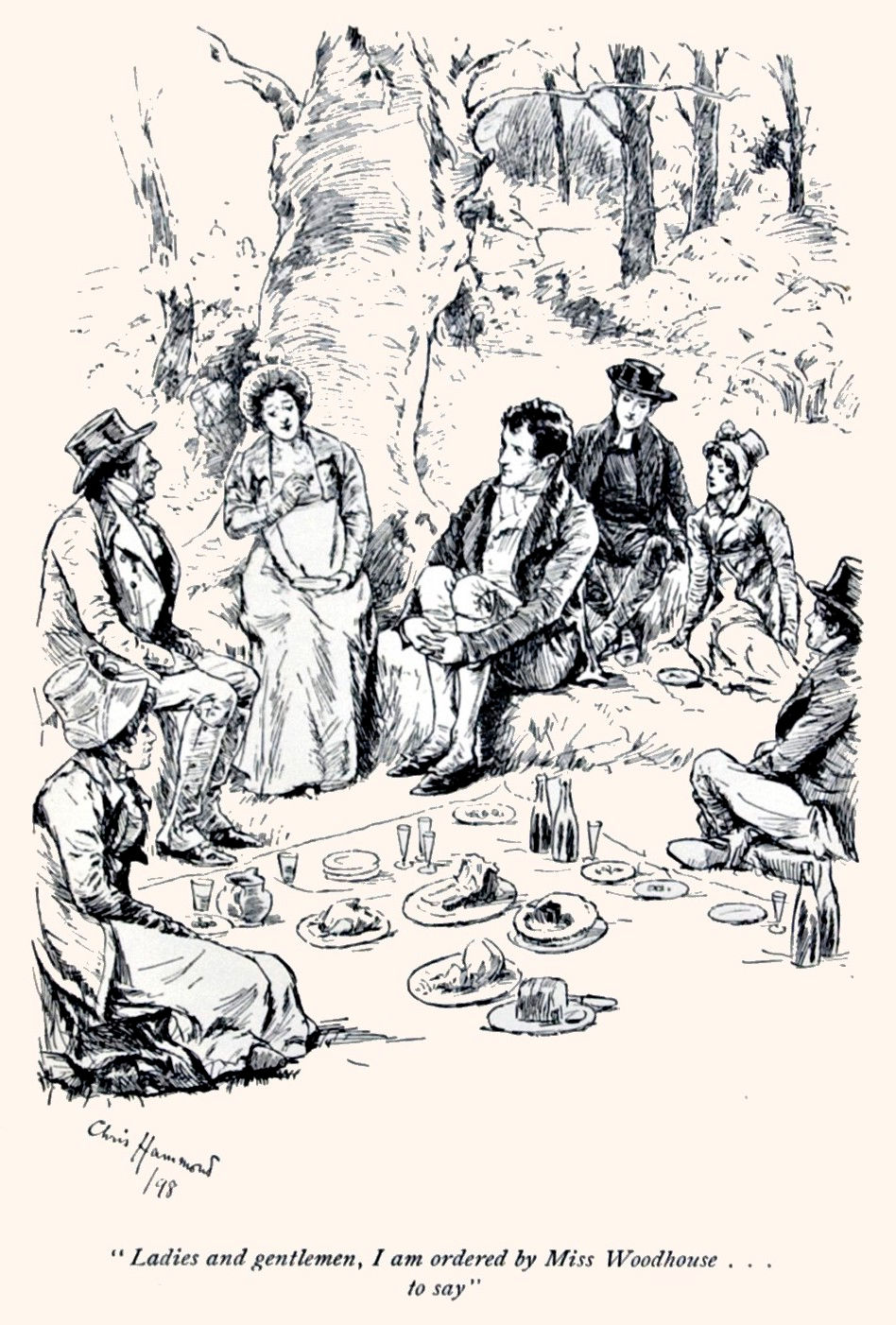 Victorian picnic under a large tree with seven people, dressed in period attire, conversing. Food and drinks on the ground. Text: "Ladies and gentlemen, I am ordered by Miss Woodhouse..."