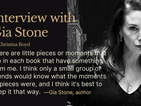 Interview text with Gia Stone, black background, over a grayscale portrait of a woman. Quote discussing personal book moments.