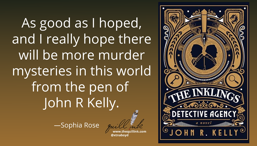 Murder mystery book cover next to review text praising the novel. Dark gold and navy design with a detective theme. Mood: intriguing.