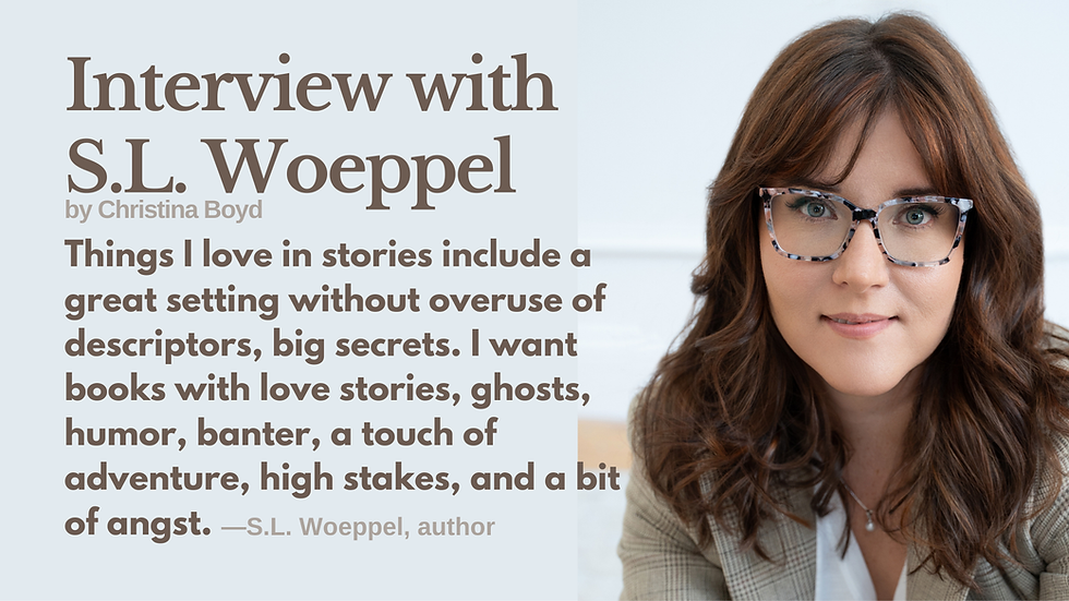 Author with glasses, smiling modestly. Text reads: Interview with S.L. Woeppel about story elements. Background is light with neutral tones.