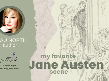 Portrait of a woman on a green background with "Beau North, author." Illustration of a Jane Austen scene with figures in period attire.