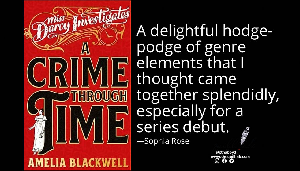 Red book cover for "Miss Darcy Investigates: A Crime Through Time" by Amelia Blackwell. Review praises its genre blend.