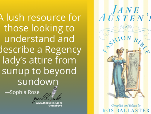 Book cover titled "Jane Austen's Fashion Bible" showing a Regency lady by a mirror. Yellow background with a quote about Regency attire.