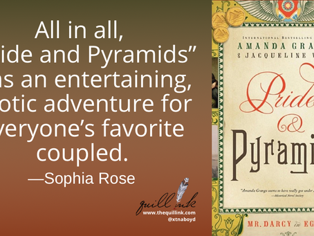 Book review for "Pride and Pyramids" by Amanda Grange & Jacqueline Webb on a gradient background. Includes a positive quote.