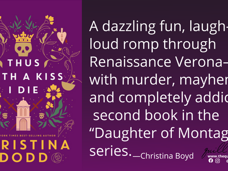 Purple book cover with skull, flowers, and heart motifs. Text: "Thus With a Kiss I Die" by Christina Dodd. Description on right praises the book.