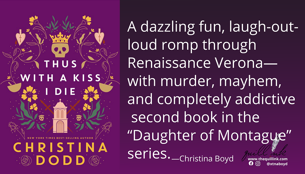 Purple book cover with skull, flowers, and heart motifs. Text: "Thus With a Kiss I Die" by Christina Dodd. Description on right praises the book.