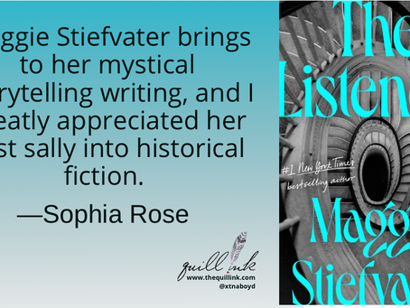Gradient background with a book cover on the right. Text: "The Listeners, Maggie Stiefvater." Review mentions mystical storytelling and historical fiction.