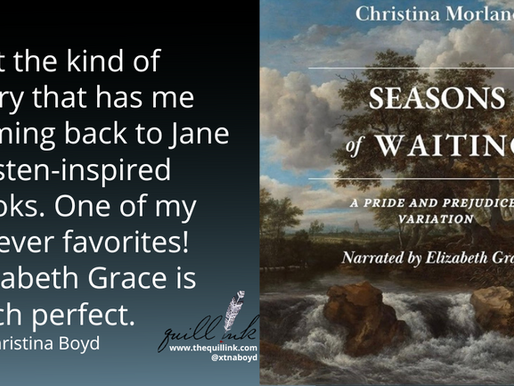 Review praising "Seasons of Waiting" by Christina Morland. Cover shows a scenic landscape, with text noting it's a Jane Austen variation.