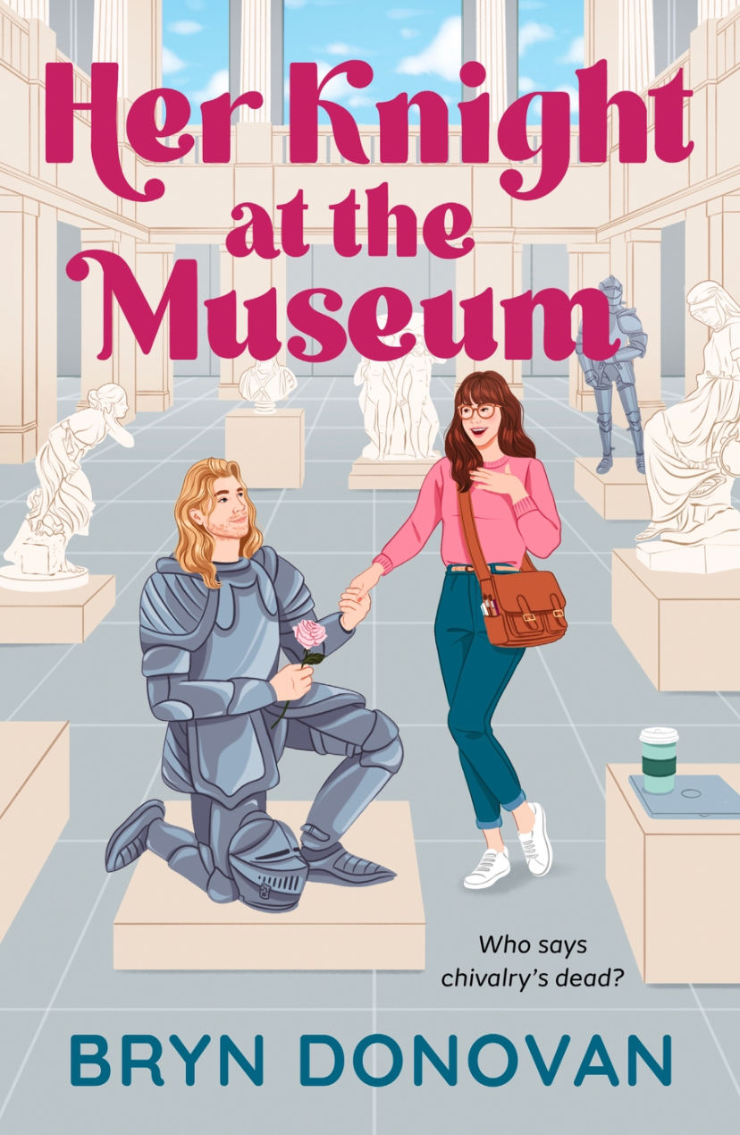 Illustrated book cover. White woman and blond man in suit of armor surrounded by statues