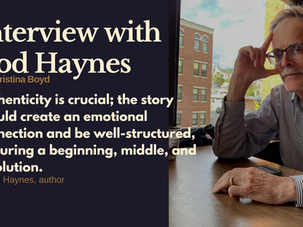 Man in striped shirt sits by a window with city view, hand on head, beside the text about authenticity in storytelling from an interview.