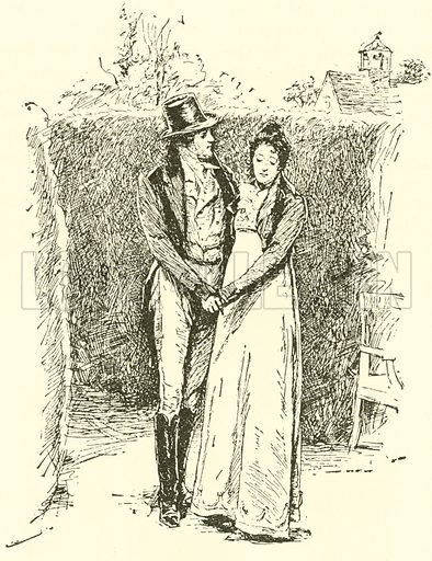 A couple strolls hand in hand through a garden path. The man wears a tall hat, the woman a long dress. A cottage is visible in the background.