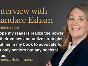 Smiling woman in a navy blazer on the right, with text on the left: "Interview with Candace Esham." Quotation about advocacy.