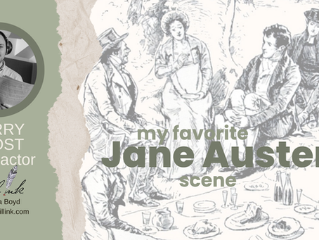 Illustration of a Jane Austen picnic scene with text and a grayscale photo of a voice actor. Soft green background with vintage vibe.