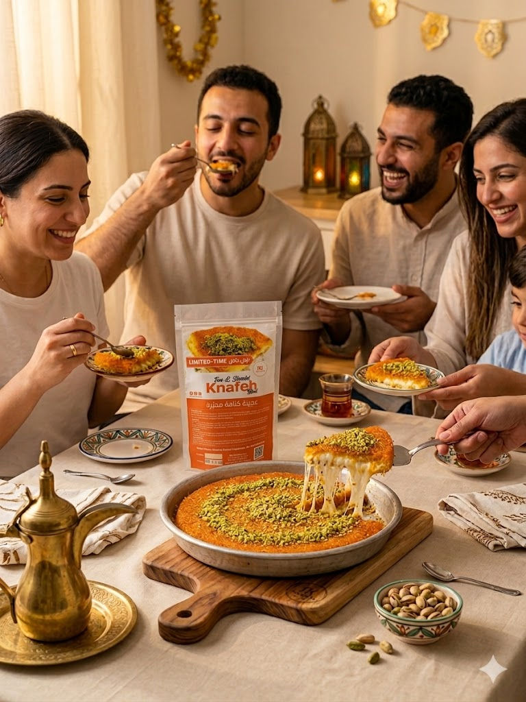 الصورة المصغرة: Family enjoying homemade Fine & Shredded Knafeh Blend dessert together at the table
