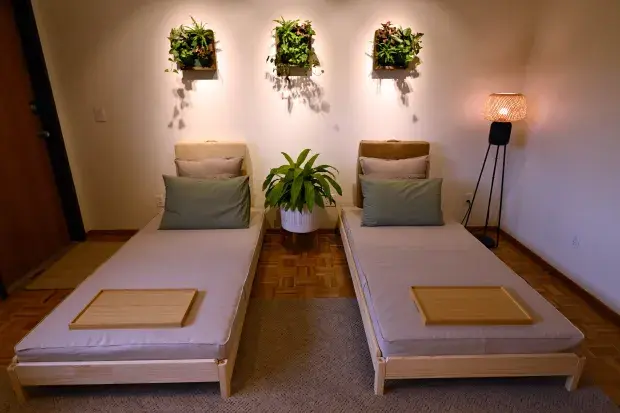 Close-up view of a therapy room setup with calming decor