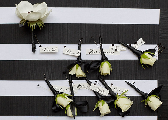Luxury wedding held at the Plaza in Manhattan. The boutonnieres, flowers and décor was done by David Beahm Experiences and planned by New York based wedding planner Imagine Party and Events. A celebrity wedding with high-end clients. The theme was a black and white wedding.