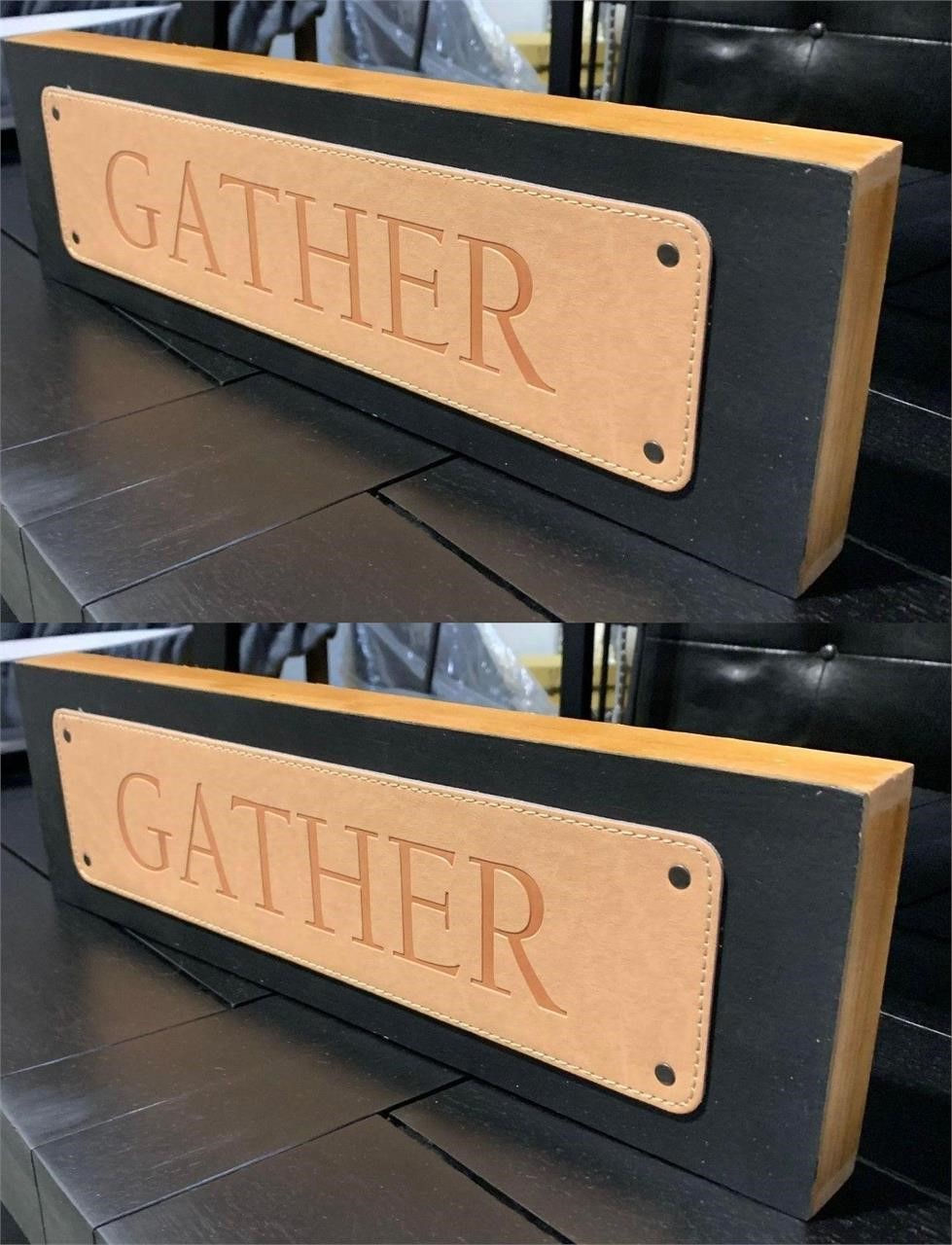 Thumbnail: Embossed Leather & Wood "GATHER" Wall Art Signs
