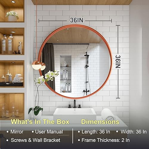 Thumbnail: 36 Inch Ribbed Round Wall Mirror, Rose Gold Anti Rust