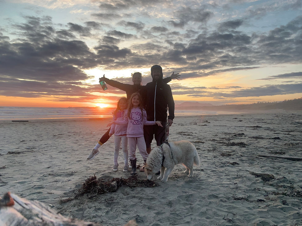 Sunset squad: bus, beach, and a whole lot of love.