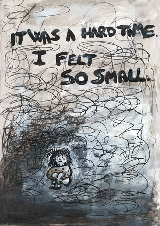 Cover illustration of the zine ‘Becoming Me’ by Elena Toccafondi, showing a child surrounded by swirling ink lines with the text ‘It was a hard time. I felt so small.’