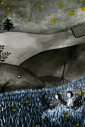 Ink illustration of Anna and Agata speaking with Martino, the vain garden fish, who explains that the animals of the woods are meeting to discuss the darkened moon.