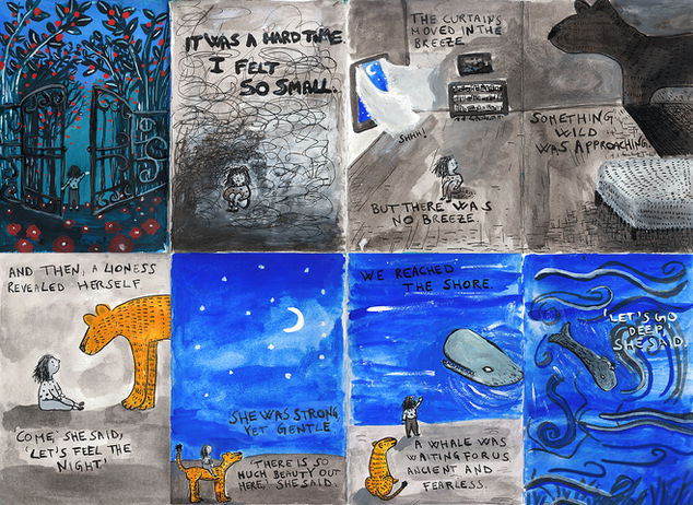 Open single-side spread from the illustrated zine ‘Becoming Me’ by Elena Toccafondi.