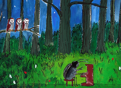A beetle plays a piano deep in the woods while three owls listen