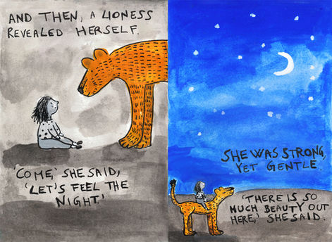 Illustrated spread from ‘Becoming Me’ by Elena Toccafondi, featuring a lioness and a small girl, with text inviting her to come outside and feel the night.