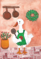 white goose standing in a Tuscan kitchen with hanging pots and a winter wreath, watercolor and ink illustration