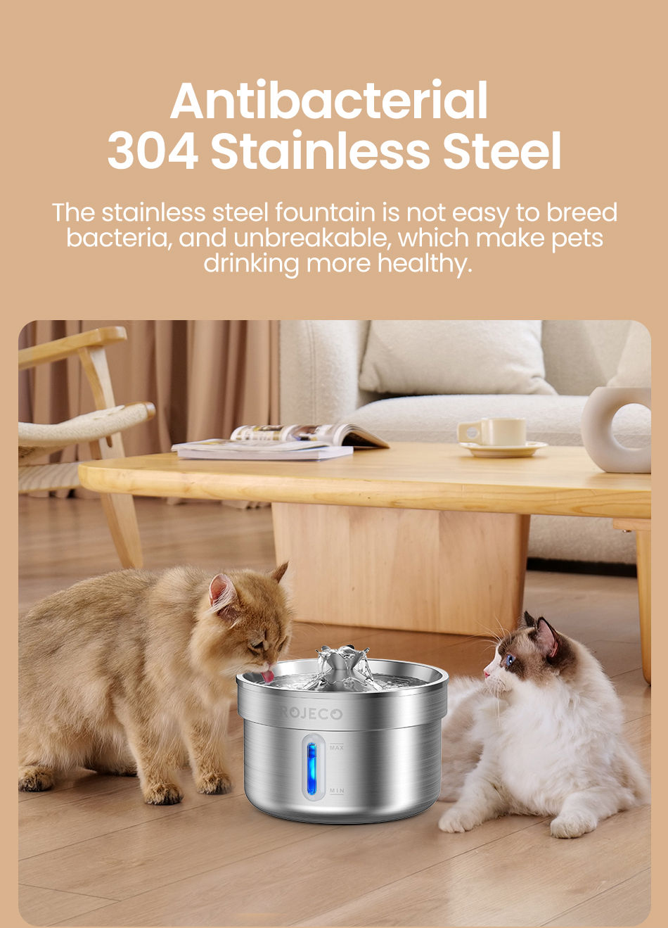 Thumbnail: ROJECO Stainless Steel Pet Drinking Fountain Automatic Cat Water Fountain Smar