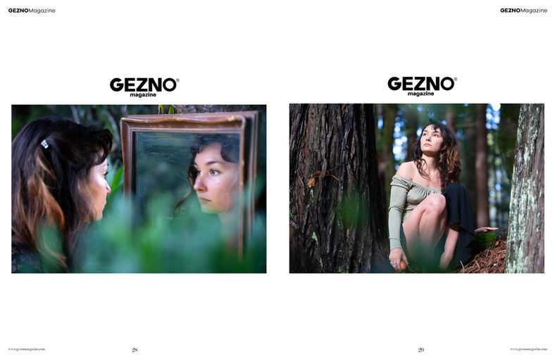 Editorial spread featuring mirror portrait and outdoor portrait by Abram Katz, published in GEZNO Magazine.