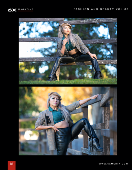Editorial spread featuring two portraits of woman posing on park bench by Abram Katz.
