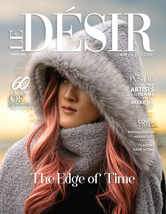 Fashion portrait of woman with pink hair in winter hood by Abram Katz, published in Désir Magazine.