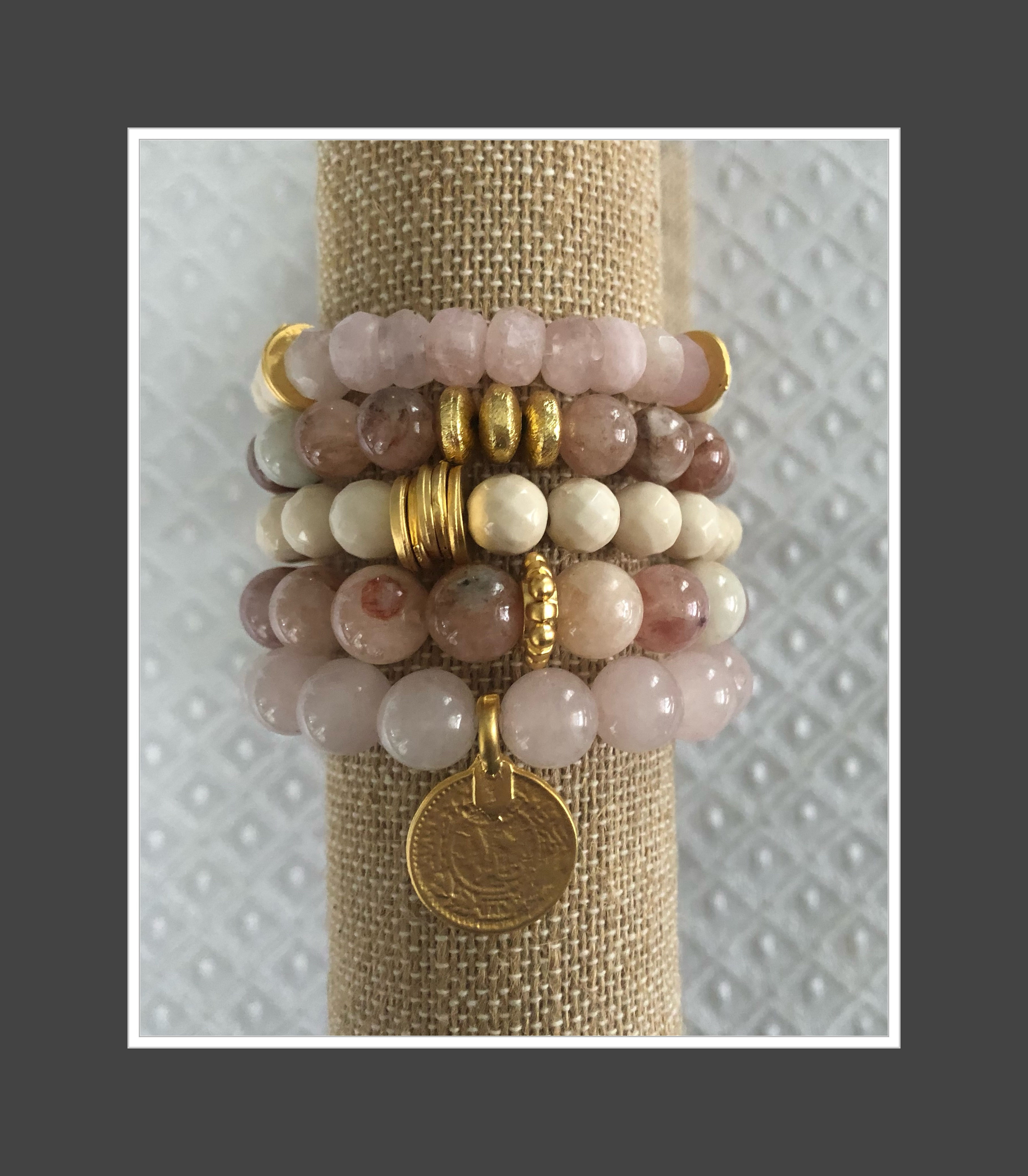 Morganite Bracelet Stack w/ Coin Charm