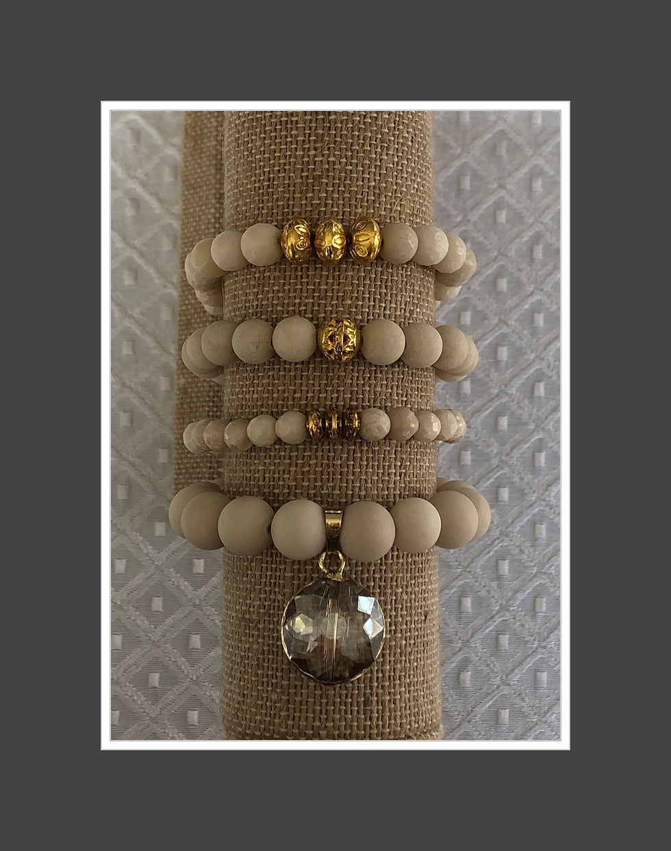 Thumbnail: Fossil Jasper Bracelet Stack w/ Crystal Drop Charm (Gold)